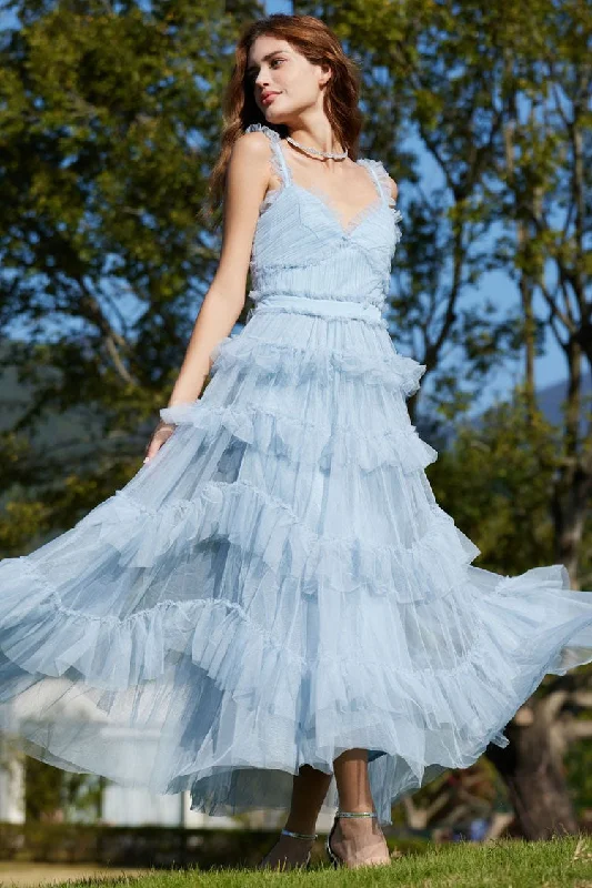 French Style Ruffle V Neck Sleeveless Tiered Tulle Evening Maxi Dress - Blue Elegant Maxi Dress with Belt French Style Ruffle V Neck Sleeveless Tiered Tulle Evening Maxi Dress - Blue Elegant Maxi Dress with Belt