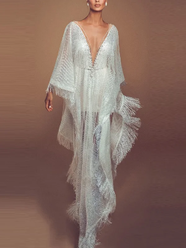Fringed V-Neck Irregular Evening Maxi Dress Fashionable Maxi Dress with Fringe