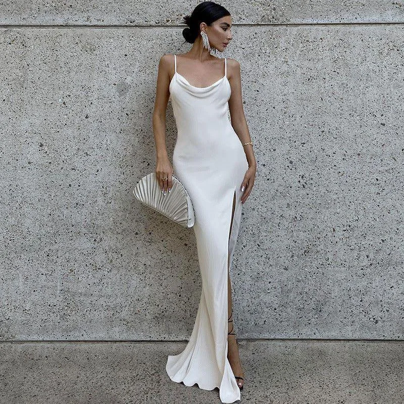 Girls Time Satin Slit Maxi Dress Fashionable Open-Back Maxi Dress
