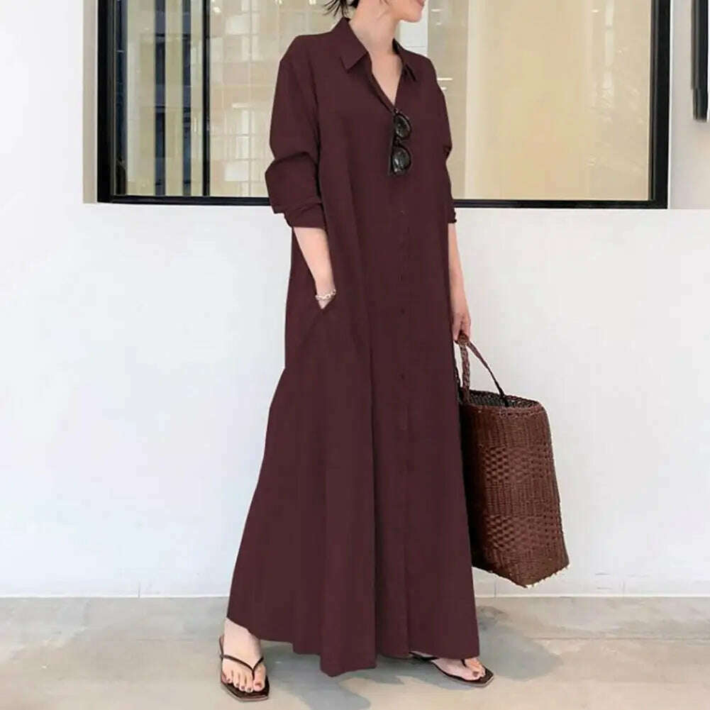 Loose Cut Button Closure Dress Spring Maxi Dress with Turn-down Collar Single-breasted Long Sleeve Ankle Length Women's Loose Classic V-Neck Maxi Dress Loose Cut Button Closure Dress Spring Maxi Dress with Turn-down Collar Single-breasted Long Sleeve Ankle Length Women's Loose Classic V-Neck Maxi Dress