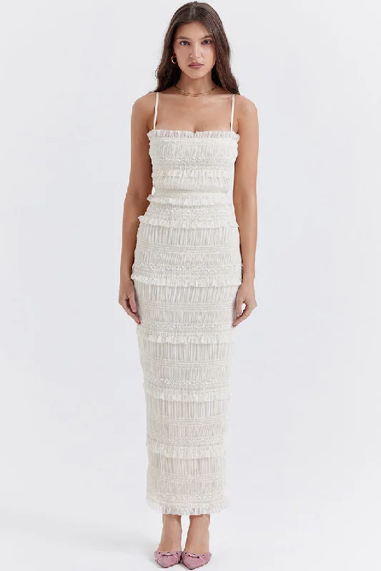 Luxury Layered Ruffle Spaghetti Strap Smocked Pleated Evening Maxi Dress - Ivory Fashionable Sleeveless Maxi Dress Luxury Layered Ruffle Spaghetti Strap Smocked Pleated Evening Maxi Dress - Ivory Fashionable Sleeveless Maxi Dress