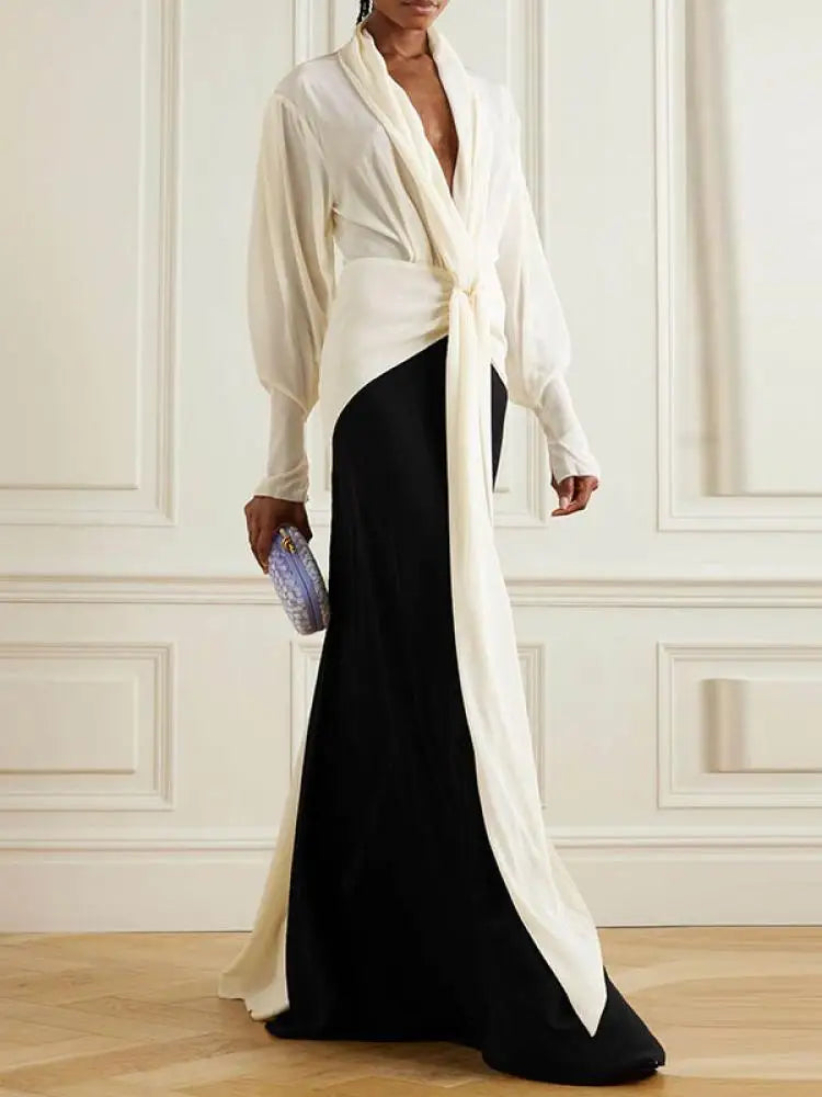 Missuoo Women Dress Black and White Elegant Evening Dresses Deep V-neck Long Sleeve Thin Maxi Dress Summer Fashion Pleated Dress Comfortable Bohemian Maxi Dress