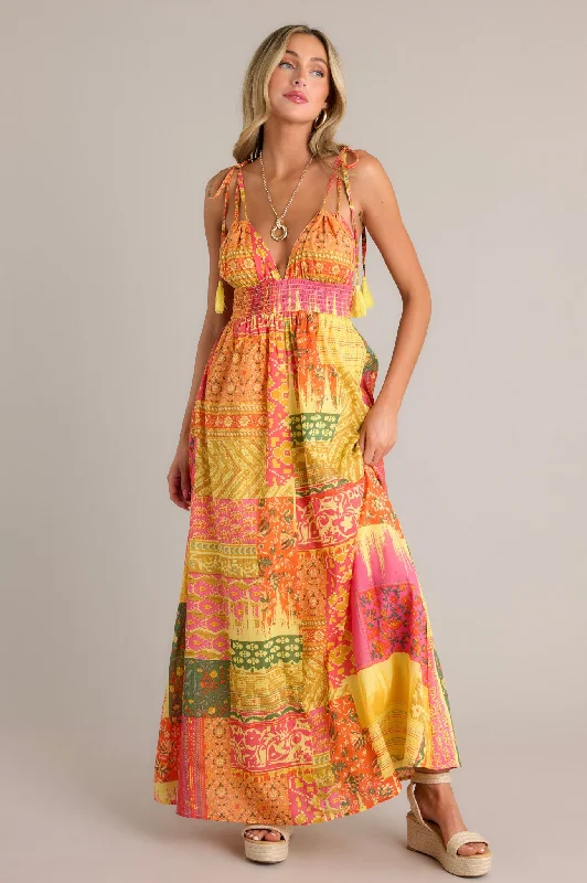 Patchwork Paradise 100% Cotton Orange Multi Maxi Dress Fashionable Faux Wrap Maxi Dress Patchwork Paradise 100% Cotton Orange Multi Maxi Dress Fashionable Faux Wrap Maxi Dress