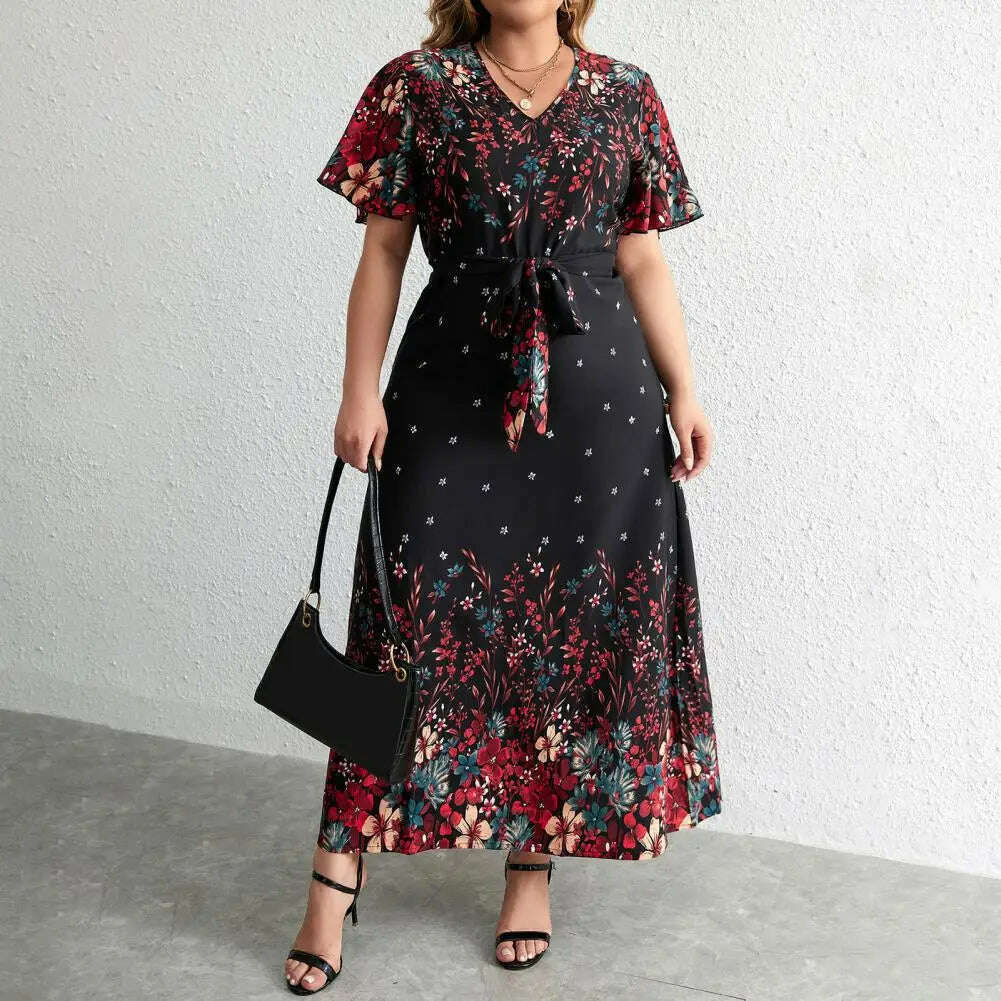 Plus Size Floral Print Dress Floral Print A-line Maxi Dress with Lace-up Belt V Neck for Women Plus Size Ankle Length Party Prom Chic Off-Shoulder Maxi Dress Plus Size Floral Print Dress Floral Print A-line Maxi Dress with Lace-up Belt V Neck for Women Plus Size Ankle Length Party Prom Chic Off-Shoulder Maxi Dress