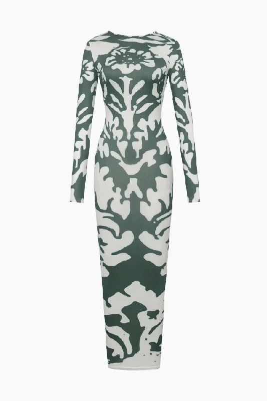 Printed Long Sleeve Backless Maxi Dress Elegant Lace-Up Maxi Dress