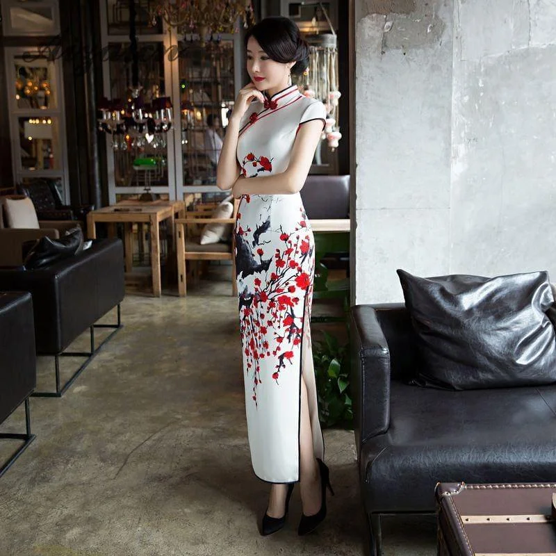 Red Flower Cheongsam White Long Qipao Traditional Dress Oriental Style Maxi Dress Cozy Knitted Maxi Dress Red Flower Cheongsam White Long Qipao Traditional Dress Oriental Style Maxi Dress Cozy Knitted Maxi Dress