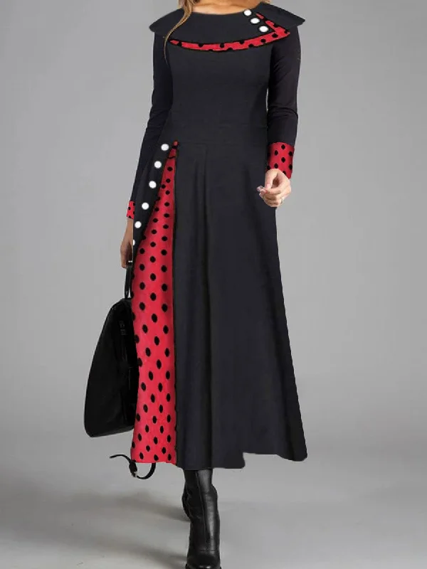 Retro Elegant Long-Sleeved Polka-Dot Color Blocking Maxi Dress Stylish Empire Waist Maxi Dress Retro Elegant Long-Sleeved Polka-Dot Color Blocking Maxi Dress Stylish Empire Waist Maxi Dress