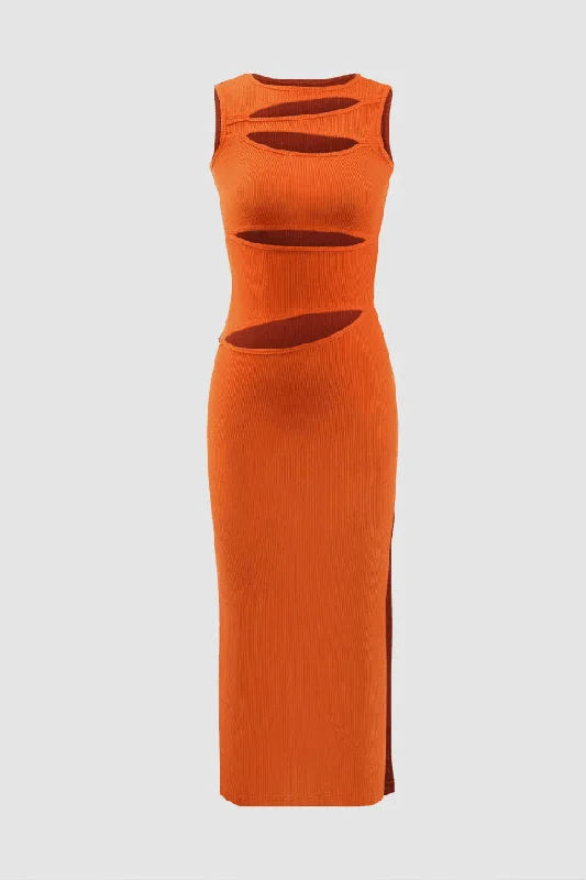 Ribbed Cut Out Side Slit Sleeveless Maxi Dress Comfortable Pleated Maxi Dress