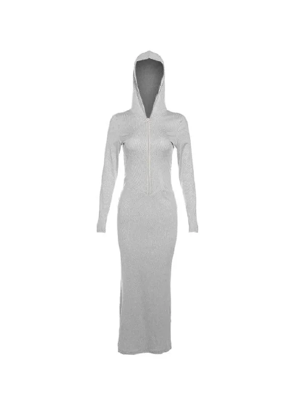 Solid Hooded Zip Up Long Sleeve Maxi Dress Trendy Fit-and-Flare Maxi Dress