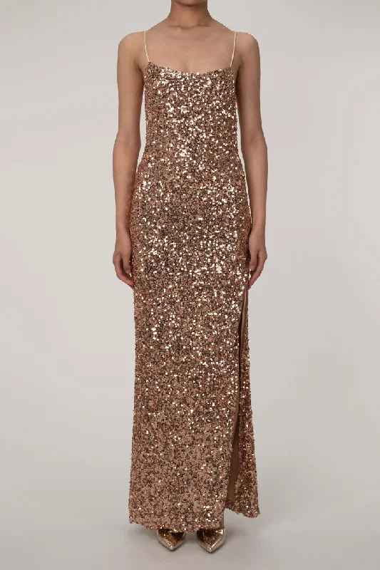 Sparkly Spaghetti Strap High Slit Sequin Maxi Dress - Bronze Gold Chic Off-Shoulder Maxi Dress Sparkly Spaghetti Strap High Slit Sequin Maxi Dress - Bronze Gold Chic Off-Shoulder Maxi Dress