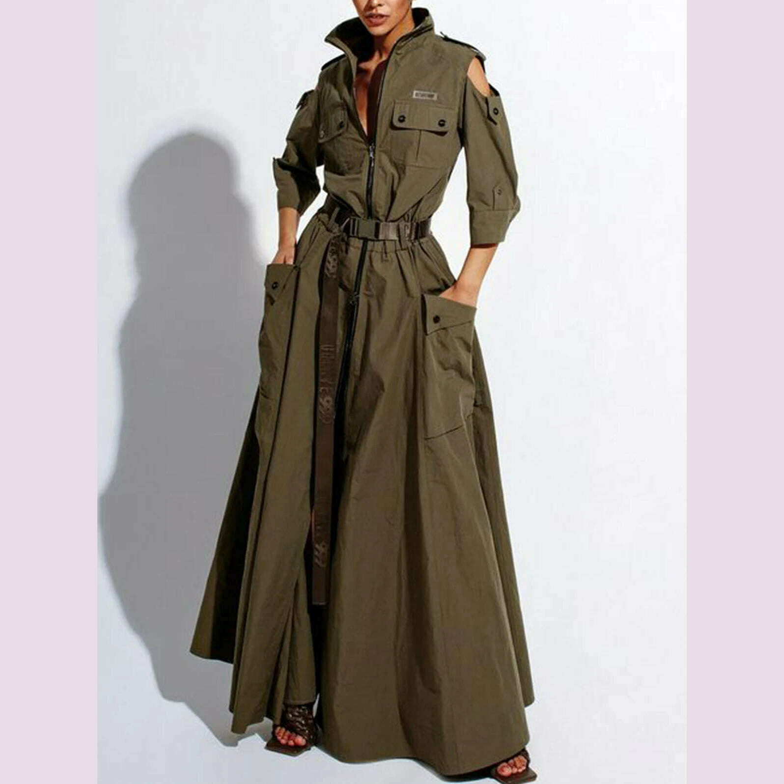 Summer Dress for Women 2024 Retro Turn-down Collar Cold Shoulder Half Sleeve Zipper Belt Pockets Split High Waist Maxi Dresses Fashionable Layered Maxi Dress Summer Dress for Women 2024 Retro Turn-down Collar Cold Shoulder Half Sleeve Zipper Belt Pockets Split High Waist Maxi Dresses Fashionable Layered Maxi Dress
