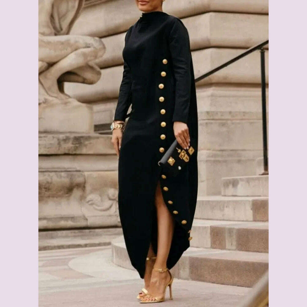 Yeezzi Women's Fashion Buttoned Split-Side High Neck Black Dress 2024 New Long Sleeves Loose Urban Office Commute Maxi Dresses Trendy Fit-and-Flare Maxi Dress Yeezzi Women's Fashion Buttoned Split-Side High Neck Black Dress 2024 New Long Sleeves Loose Urban Office Commute Maxi Dresses Trendy Fit-and-Flare Maxi Dress