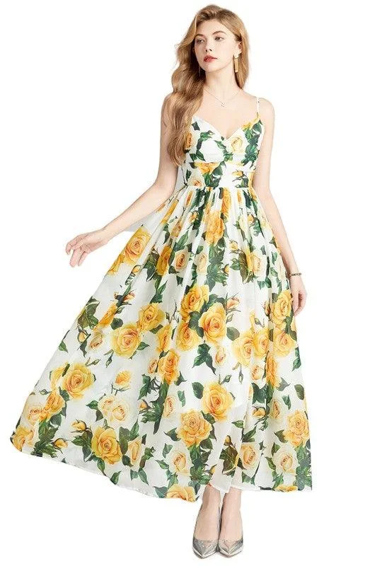 Yellow Multi Flower Maxi Dress Perfect for Summer Weddings Cozy Knitted Maxi Dress