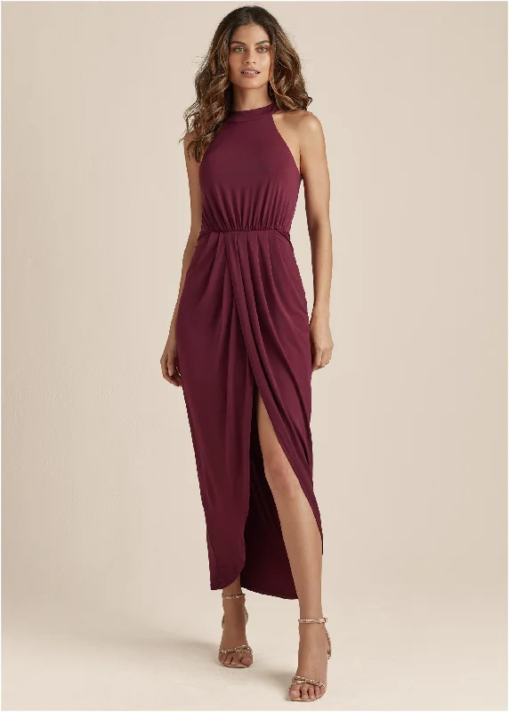 Drape Maxi Dress - Wine Elegant Wraparound Maxi Dress