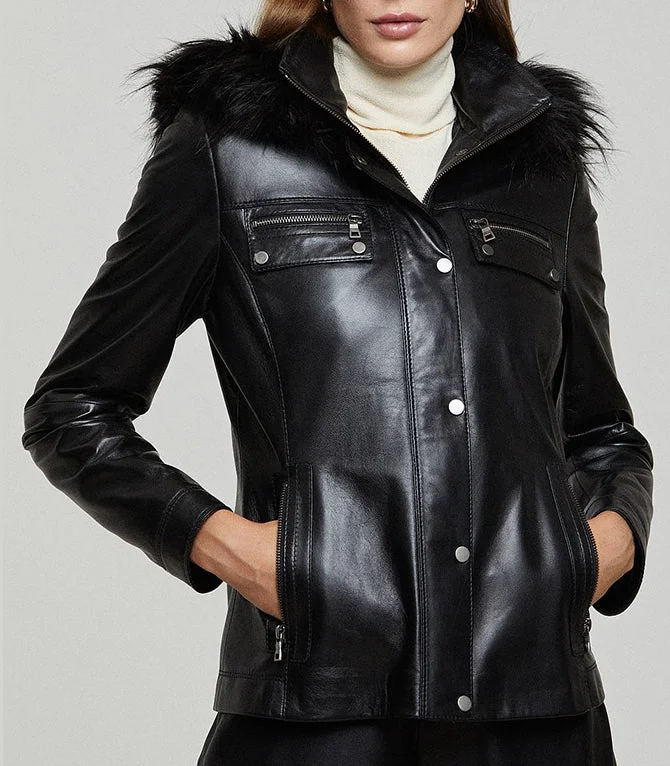Black Edith Fur Hood Leather Jacket For Women Mesh Jacket Canvas Jacket Denim Jacket Black Edith Fur Hood Leather Jacket For Women Mesh Jacket Canvas Jacket Denim Jacket