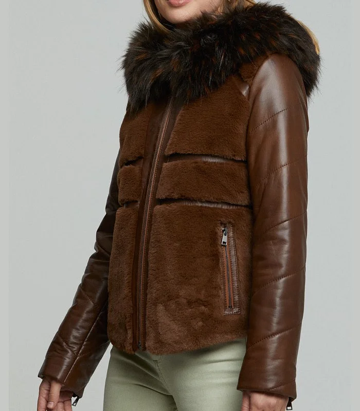Brown Wendy Fur Hood And Front Fur Leather Jacket For Women Elasticated Jacket Padded Jacket Insulated Jacket Brown Wendy Fur Hood And Front Fur Leather Jacket For Women Elasticated Jacket Padded Jacket Insulated Jacket