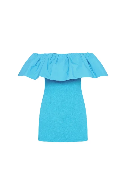 Cecily Off Shoulder Mini Dress Blue Stylish Short-Sleeve Mini Dress