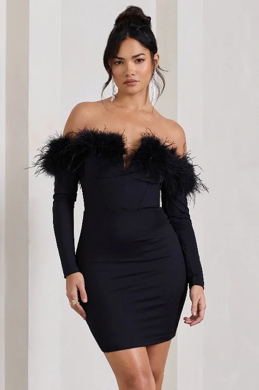 Celia | Black Plunge Neck Bardot Mini Dress With Feather Trim Detail Trendy Button-Detail Mini Dress Celia | Black Plunge Neck Bardot Mini Dress With Feather Trim Detail Trendy Button-Detail Mini Dress