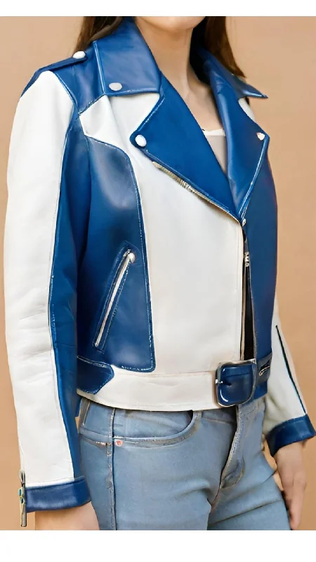 Ehlia Blue & White Stylish Leather Jacket For Women Wool Fabric Cashmere Fabric Tweed Fabric Ehlia Blue & White Stylish Leather Jacket For Women Wool Fabric Cashmere Fabric Tweed Fabric