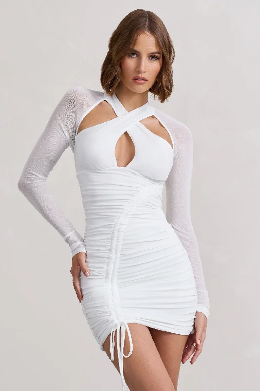 Eyes On You | White Long Sleeve Halter Neck Mini Dress Fashionable Mini Dress with Frills Eyes On You | White Long Sleeve Halter Neck Mini Dress Fashionable Mini Dress with Frills
