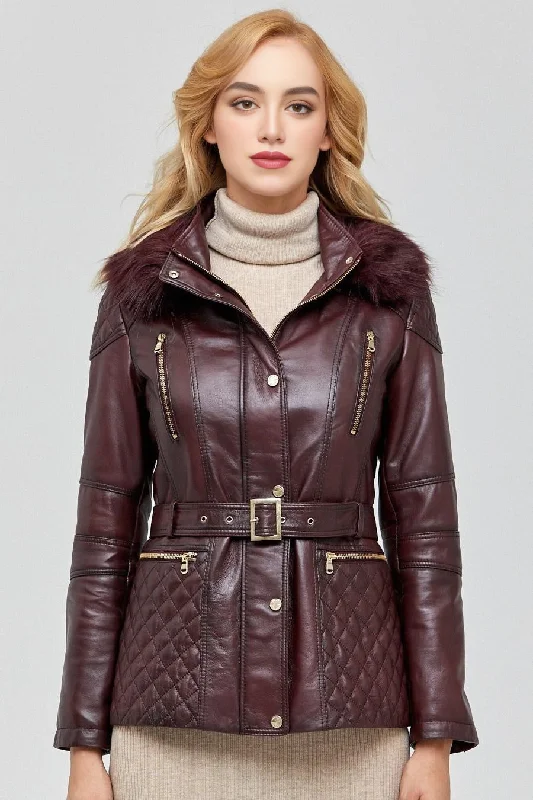 Flamboyant Brown Leather Jacket With Fur Hood And Center Belt For Women Zippered Front Buttoned Front Snap Front Flamboyant Brown Leather Jacket With Fur Hood And Center Belt For Women Zippered Front Buttoned Front Snap Front