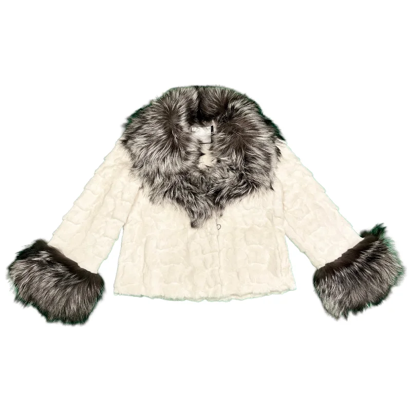 Kashani Women's White Diamond Cut Mink Silver Fox Fur Jacket Faux Fur Fabric Real Fur Fabric Shearling Fabric