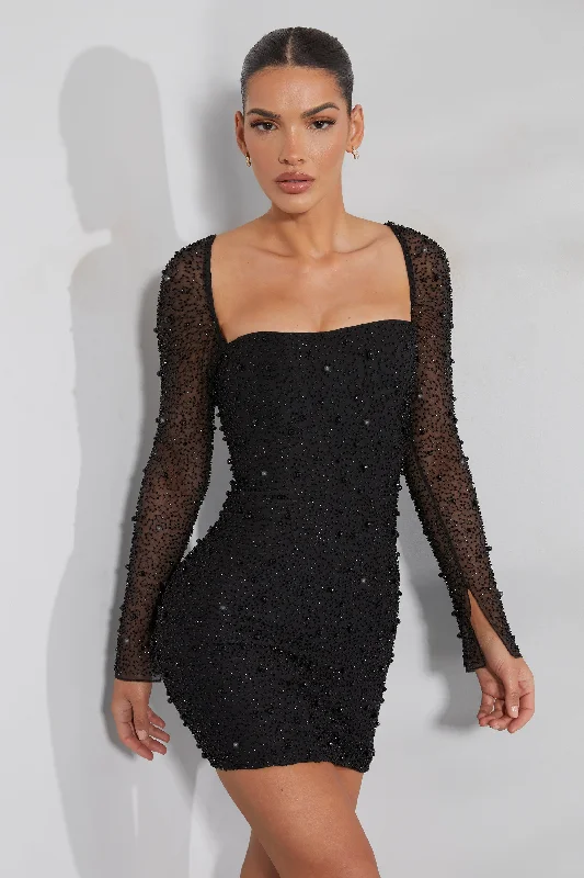 Long Sleeve Embellished Corset Mini Dress in Black Comfortable One-Shoulder Mini Dress Long Sleeve Embellished Corset Mini Dress in Black Comfortable One-Shoulder Mini Dress