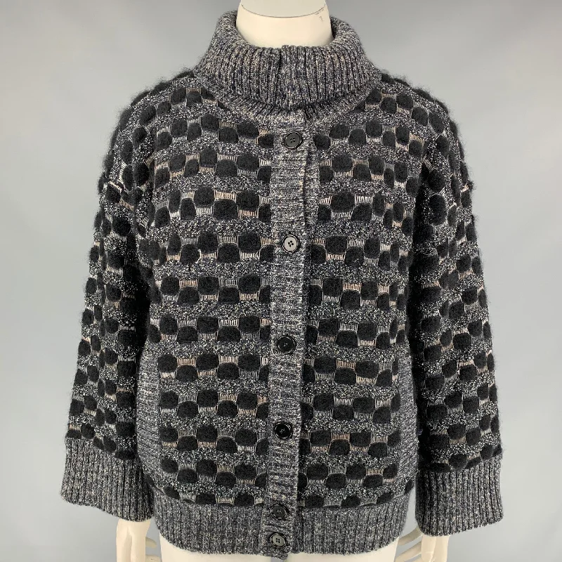 MISSONI Size 8 Black & Grey Knitted Wool Blend Jacket Herringbone Jacket Houndstooth Jacket Plaid Jacket MISSONI Size 8 Black & Grey Knitted Wool Blend Jacket Herringbone Jacket Houndstooth Jacket Plaid Jacket