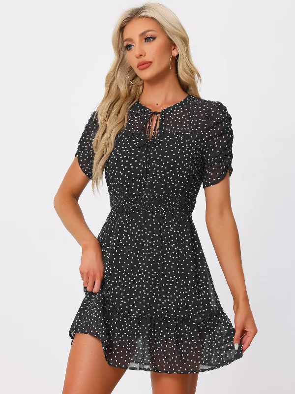 Chiffon Ruched Sleeves Bow Tie Keyhole Shirred Polka Dots Mini Dress Cozy Wraparound Mini Dress Chiffon Ruched Sleeves Bow Tie Keyhole Shirred Polka Dots Mini Dress Cozy Wraparound Mini Dress