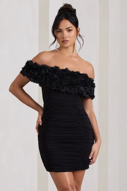 Pass A Glass | Black Ruched Bardot Micro Mini Dress With Flowers Cozy Knitted Mini Dress Pass A Glass | Black Ruched Bardot Micro Mini Dress With Flowers Cozy Knitted Mini Dress
