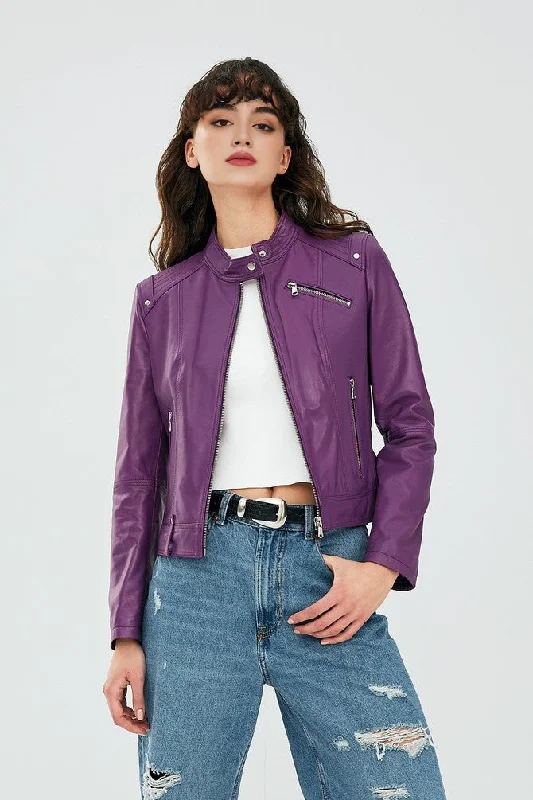 Purple Stylish Motor Bike Leather Jacket For Women Trench Coat Raincoat Waterproof Jacket Purple Stylish Motor Bike Leather Jacket For Women Trench Coat Raincoat Waterproof Jacket