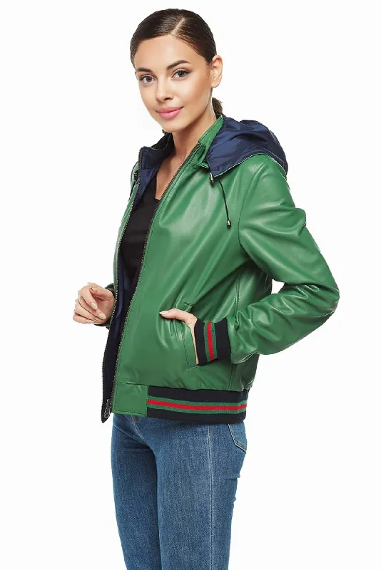 Sabrina Green Leather Jacket With Hoodie For Women Cotton Fabric Linen Fabric Terry Fabric Sabrina Green Leather Jacket With Hoodie For Women Cotton Fabric Linen Fabric Terry Fabric