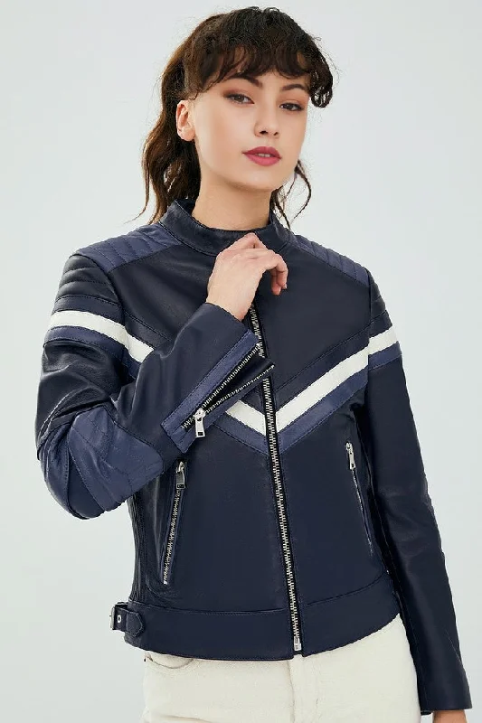 Stylish Black Women Leather Jacket With Beautiful Blue & White Color Front Pockets Side Pockets Patch Pockets Stylish Black Women Leather Jacket With Beautiful Blue & White Color Front Pockets Side Pockets Patch Pockets