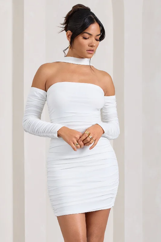 Thea | White Ruched Long-Sleeved Bodycon Mini Dress With Halter Collar Trendy Camisole Mini Dress Thea | White Ruched Long-Sleeved Bodycon Mini Dress With Halter Collar Trendy Camisole Mini Dress