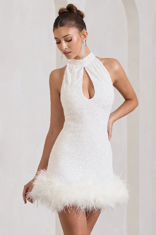 Tillie | White Sequin High Neck Trapeze Mini Dress With Feather Hem Detail Elegant Tulle Mini Dress Tillie | White Sequin High Neck Trapeze Mini Dress With Feather Hem Detail Elegant Tulle Mini Dress