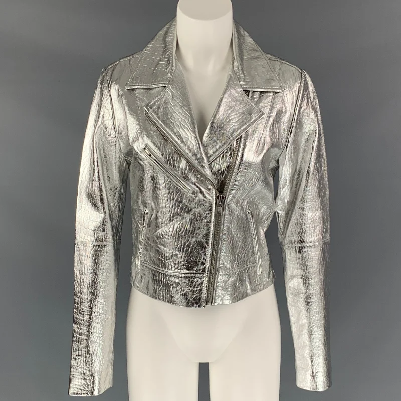 VEDA Size M Silver Leather Metallic Biker Jacket Welt Pockets Slit Pockets Flap Pockets VEDA Size M Silver Leather Metallic Biker Jacket Welt Pockets Slit Pockets Flap Pockets