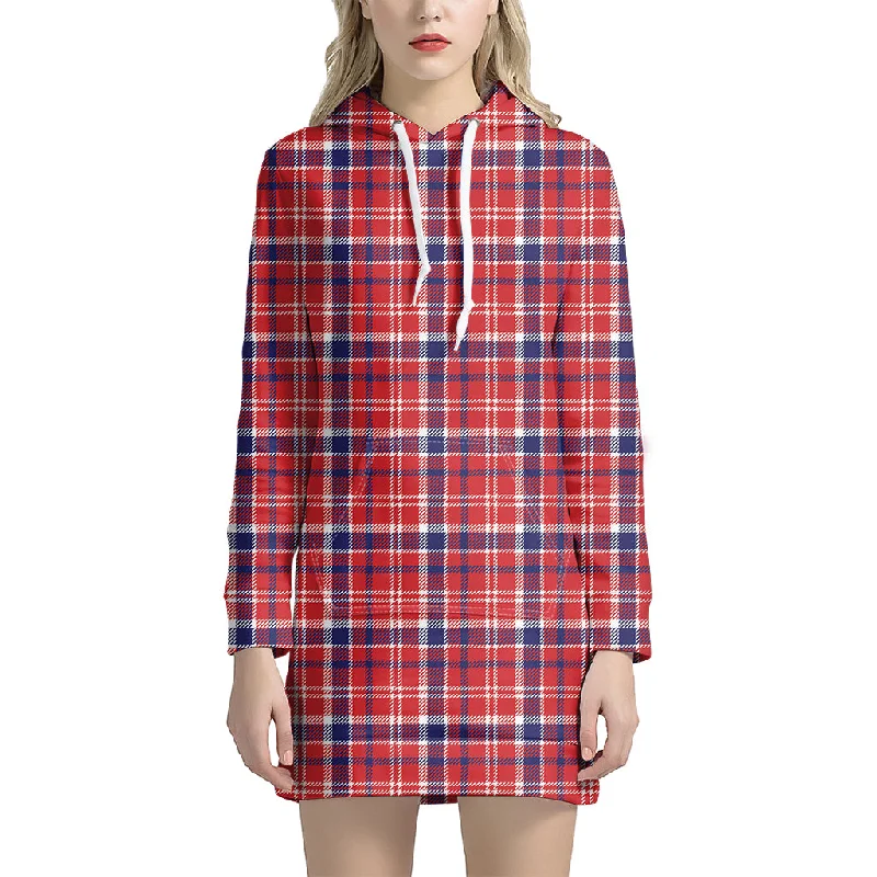4th of July American Plaid Print Pullover Hoodie Dress