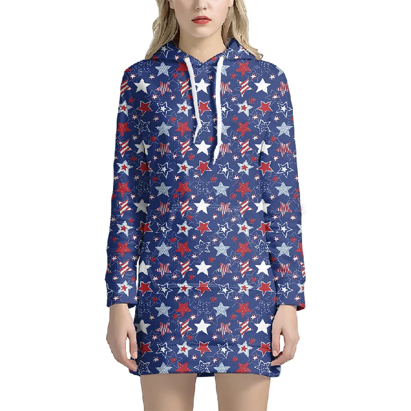 4th of July American Star Pattern Print Pullover Hoodie Dress
