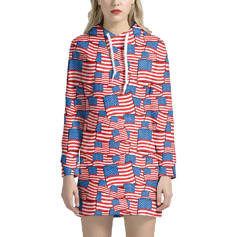 4th of July USA Flag Pattern Print Pullover Hoodie Dress