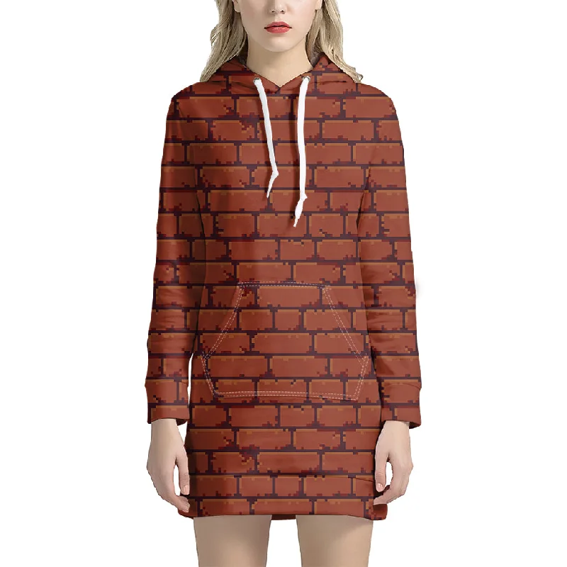 8-Bit Pixel Brick Wall Print Pullover Hoodie Dress