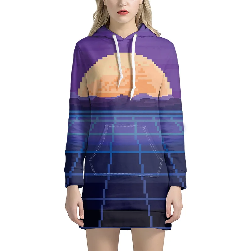 8-Bit Pixel Digital Landscape Print Pullover Hoodie Dress