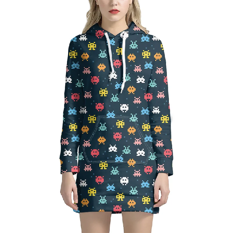 8-Bit Video Game Monsters Pattern Print Pullover Hoodie Dress