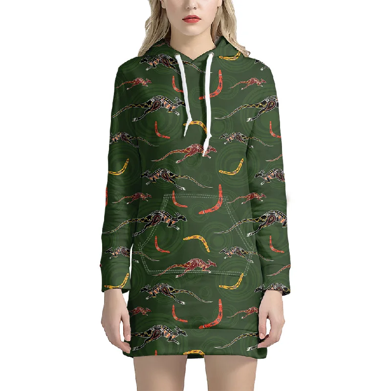 Aboriginal Boomerang And Kangaroo Print Pullover Hoodie Dress