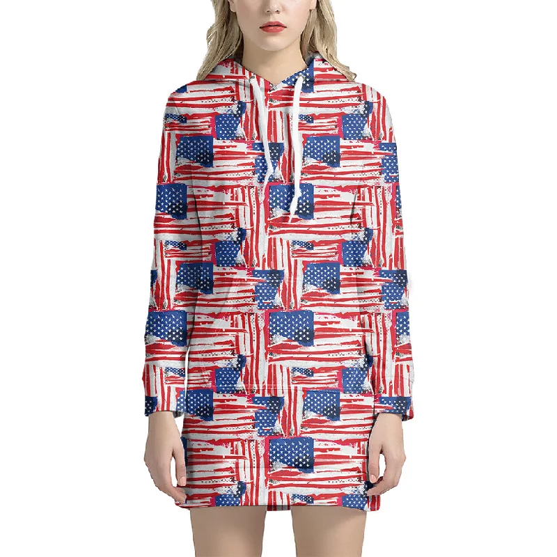 Abstract American Flag Print Pullover Hoodie Dress