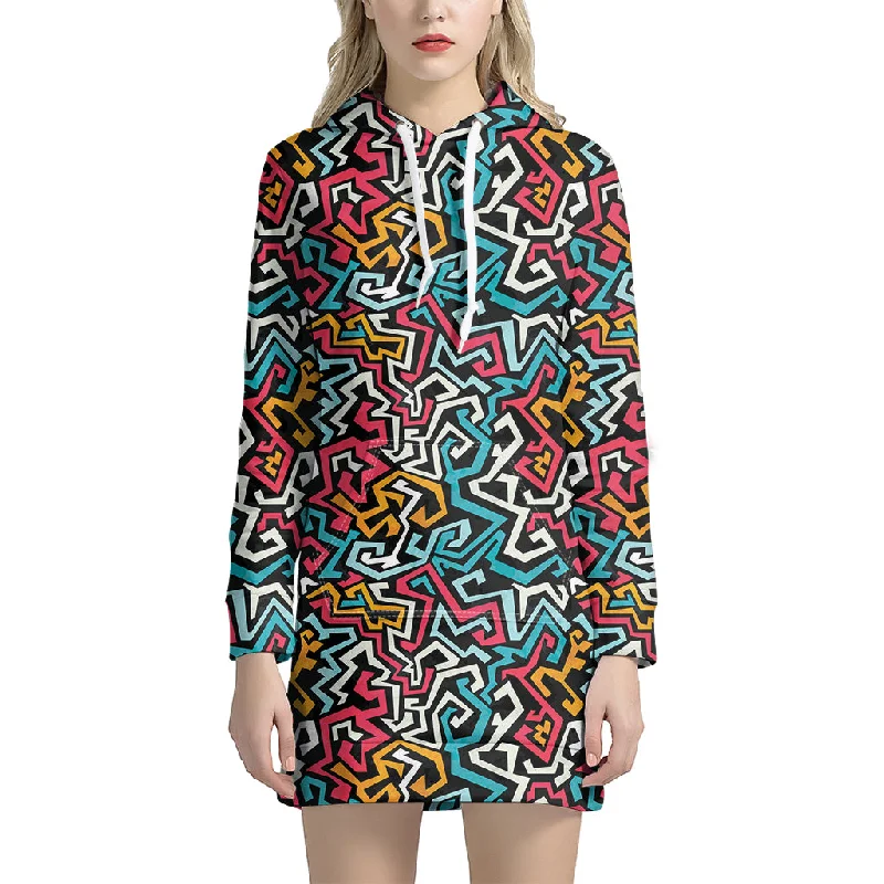 Abstract Funky Pattern Print Pullover Hoodie Dress