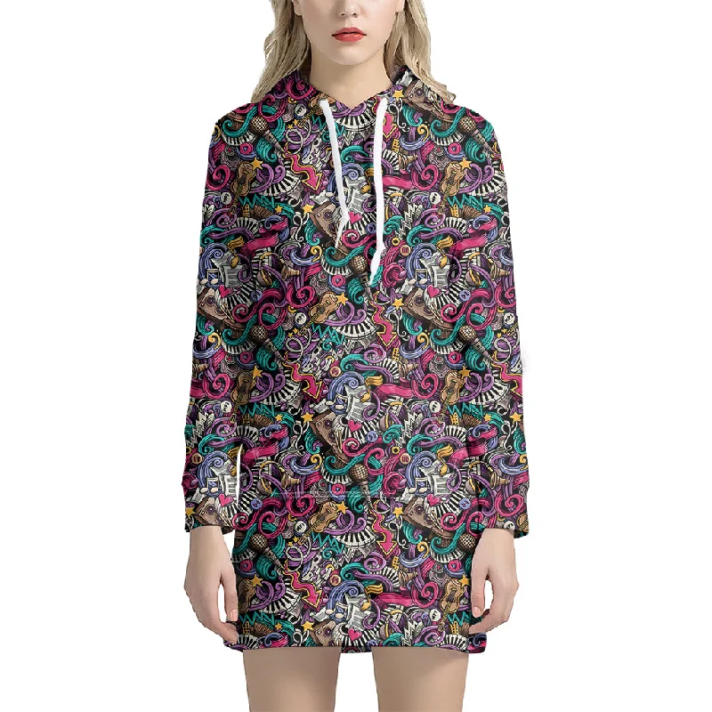 Abstract Music Pattern Print Pullover Hoodie Dress