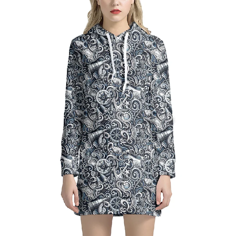 Abstract Nautical Anchor Pattern Print Pullover Hoodie Dress