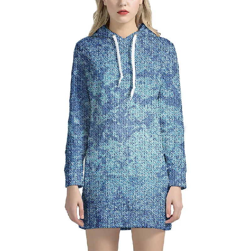 Acid Wash Denim Jeans Pattern Print Pullover Hoodie Dress
