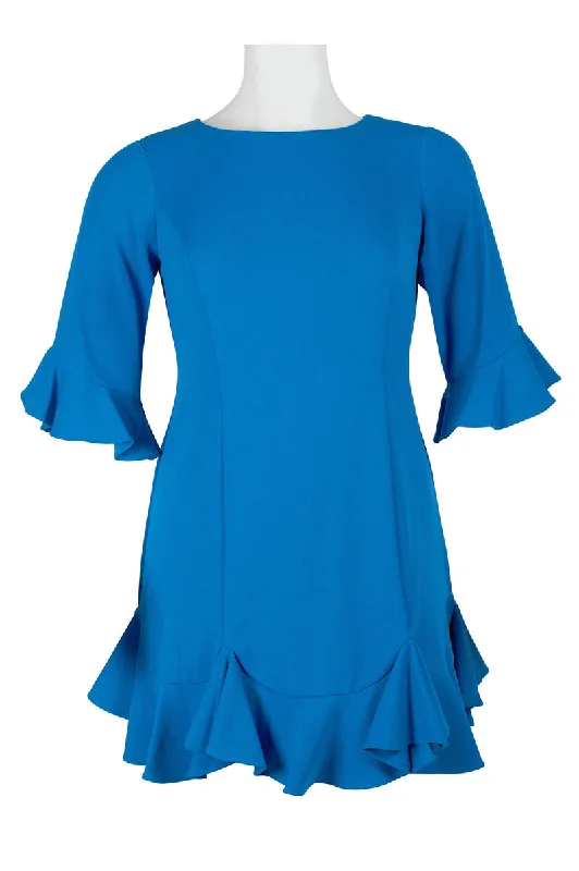 Crew Neck Circular Flounce Sleeve Zipper Back Flutter Solid Crepe Dress (Plus Size)