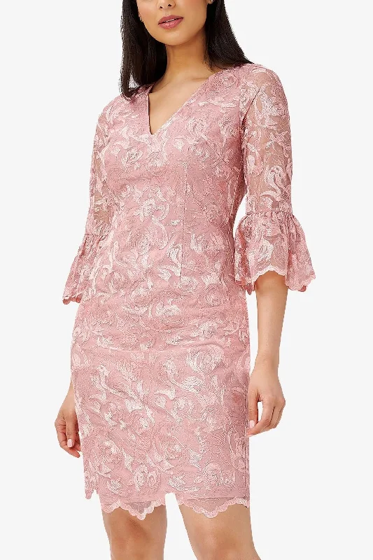 Day V-Neck Back Zipper ¾ Bell Sleeves Short Embroidered Dress